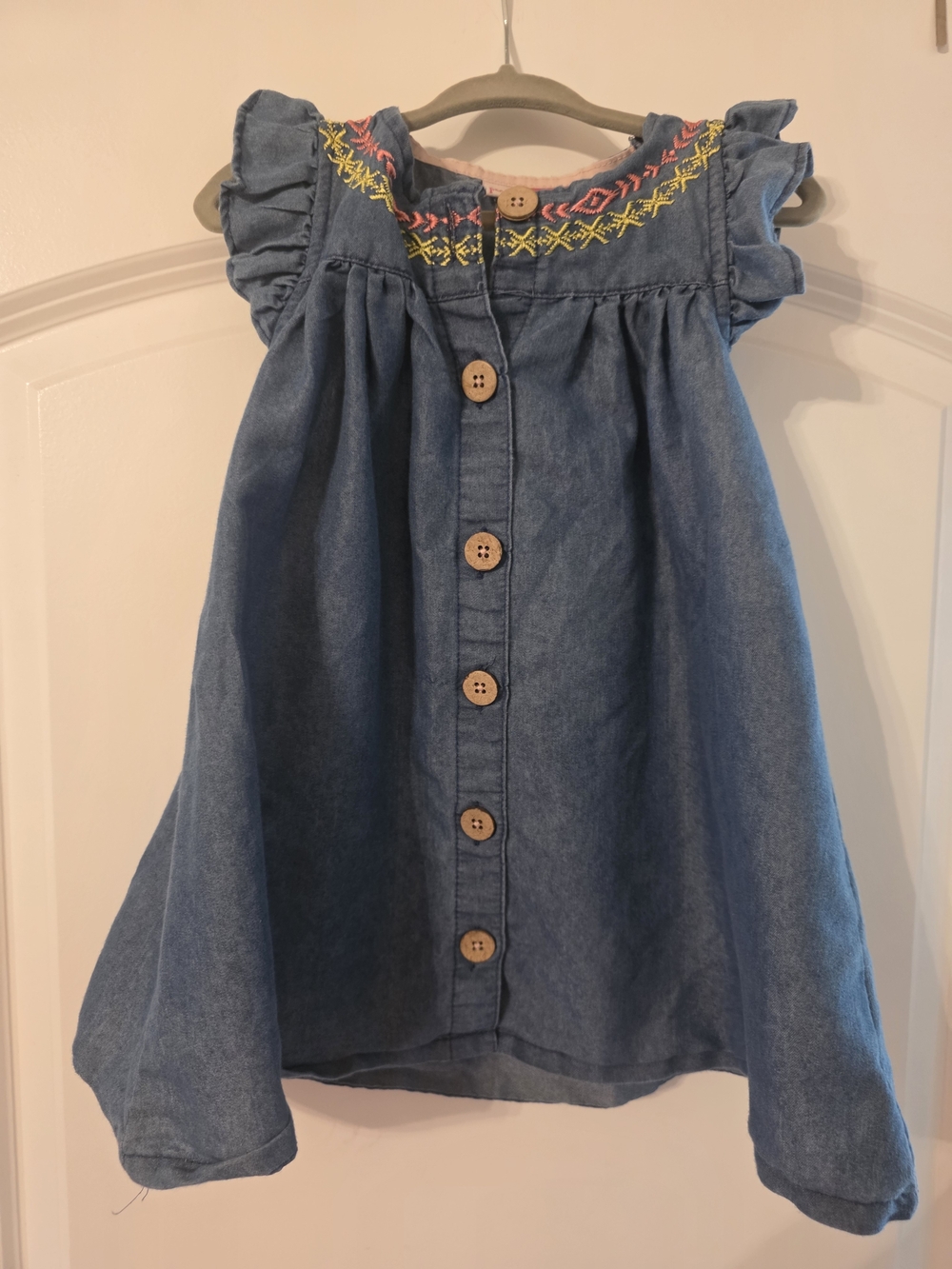 Penelope Mack Blue Denim Button-Front Dress with Pink & Yellow Embroidery